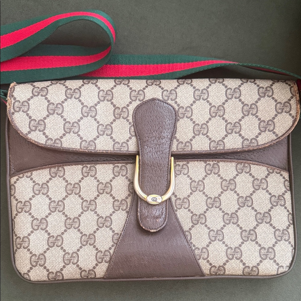 💚♥️Gucci Envelope Crossbody Bag with Brown Leather and Green-Red Web Strap - Picture 2 of 16